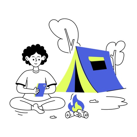 Boy using phone while camping alone  Illustration