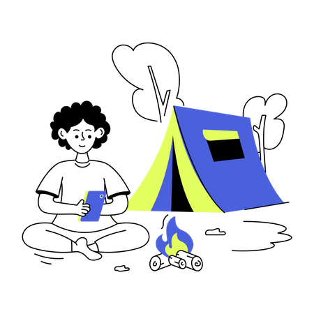 Boy using phone while camping alone  Illustration