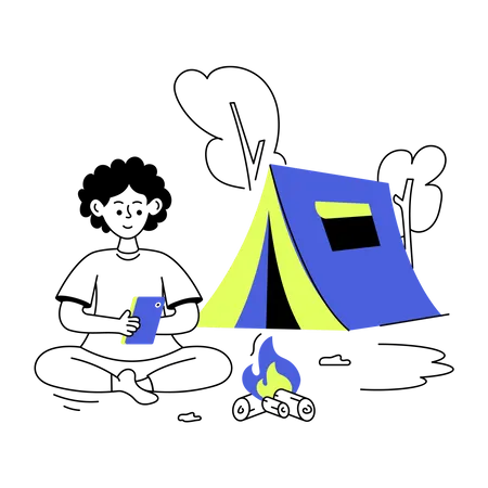 Boy using phone while camping alone  Illustration