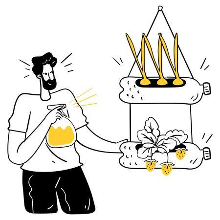 Boy using Plastic Bottle to water Garden  Illustration