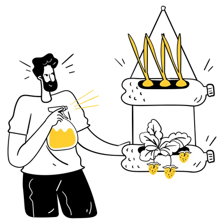 Boy using Plastic Bottle to water Garden  Illustration