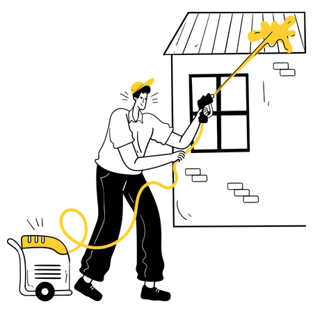Boy using Pressure Washing the Exterior of House  Illustration
