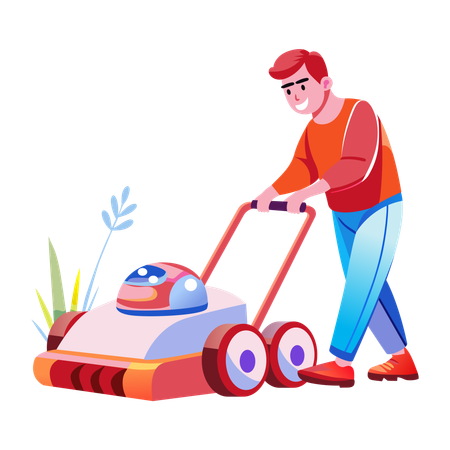 Boy using robotic mower  Illustration