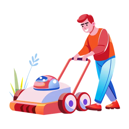 Boy using robotic mower  Illustration