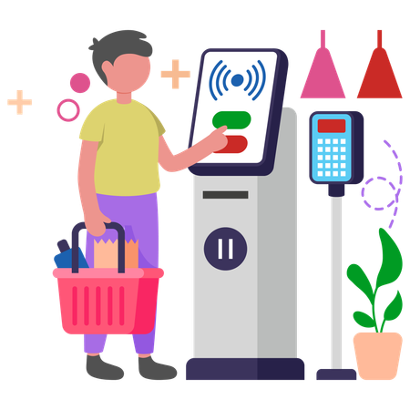 Boy using Self-Checkout Machine  Illustration