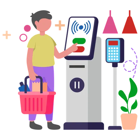 Boy using Self-Checkout Machine  Illustration