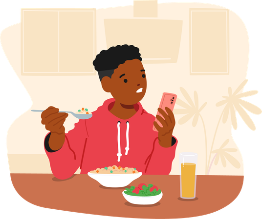 Boy Using Smartphone While Eating Breakfast At Home  Illustration