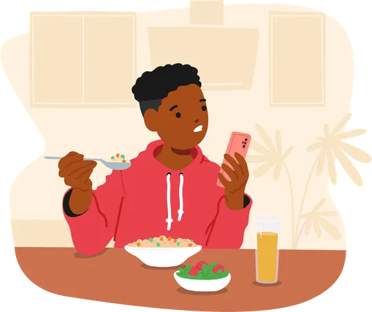 Boy Using Smartphone While Eating Breakfast At Home  Illustration