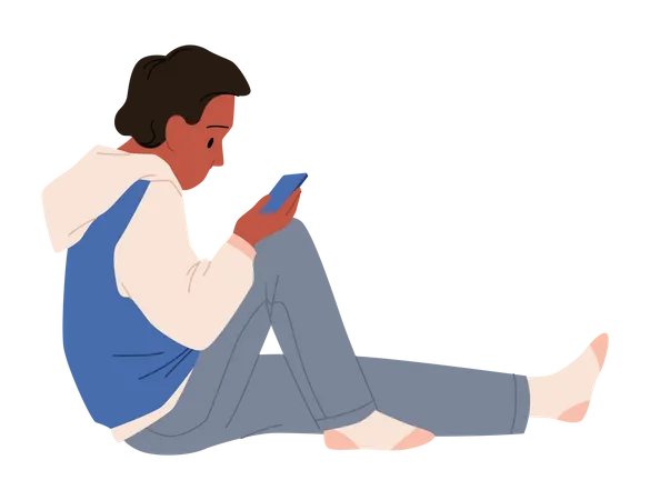 Boy using smartphone while sitting on floor  Illustration