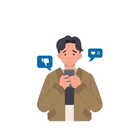 Online Social Addict Concept Man Holding Smartphone And Getting Sad Due To No One Give Like To His Picture Flat Vector Cartoon Character Illustration Illustration