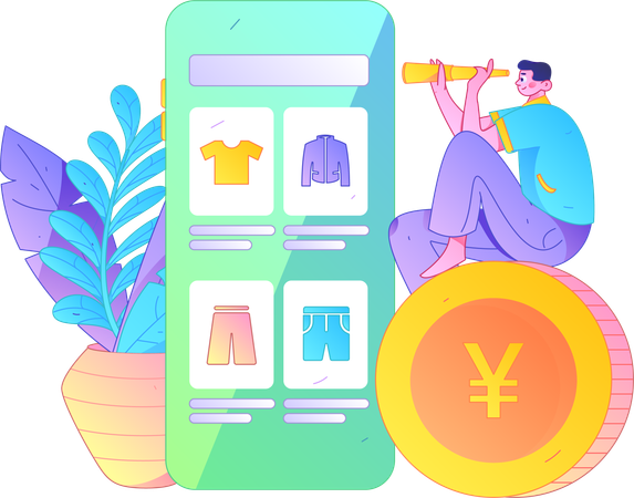 Boy using telescope finding shopping product from shopping app  Illustration