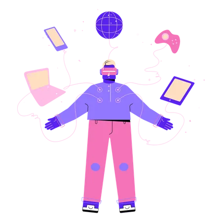 Boy using Virtual Reality technology  イラスト