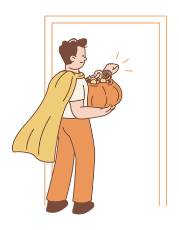 Boy Vampire Costume Holding Full Halloween Candy Bag  Illustration
