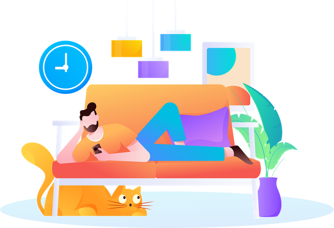 Boy viewing at mobile while relaxing on sofa  Illustration