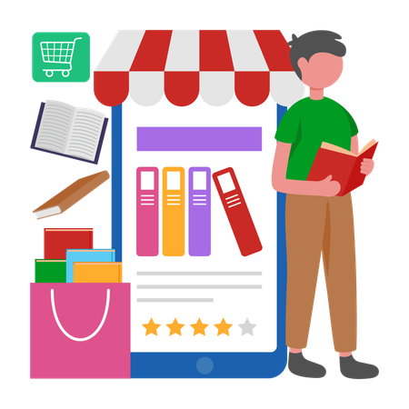 Boy visting Online Book Store  Illustration
