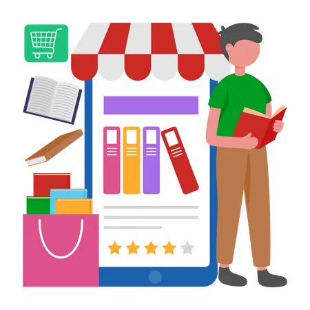 Boy visting Online Book Store  Illustration