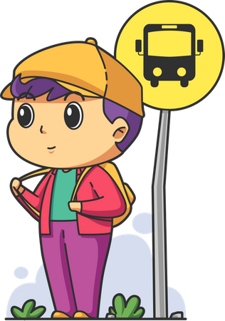 Boy Waiting for School Bus  Illustration