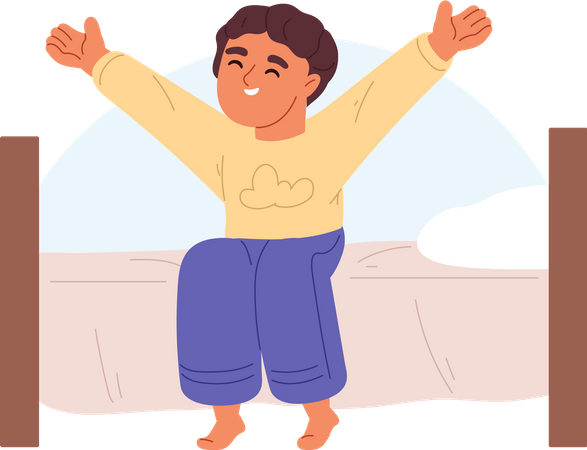 Boy waking up stretching and rubbing eyes sit on bed in bedroom  Illustration