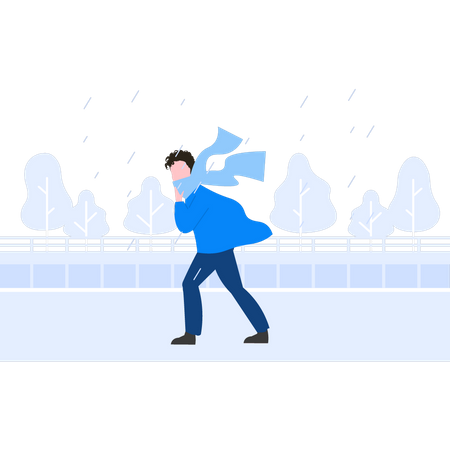 Boy walking in rain  Illustration