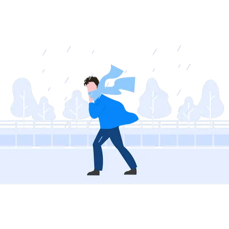 Boy walking in rain  Illustration