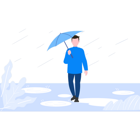 Boy walking in rain with umbrella Illustration