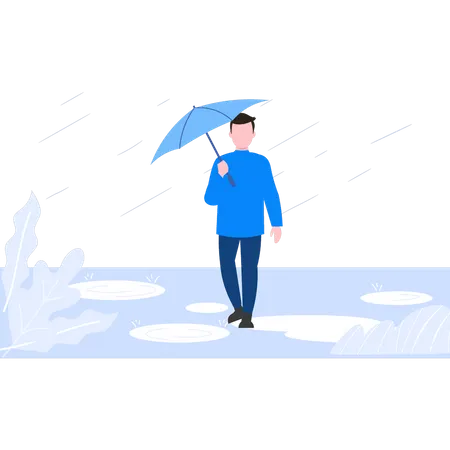 Boy walking in rain with umbrella  Illustration
