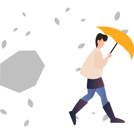 Boy walking in rain with umbrella  Illustration