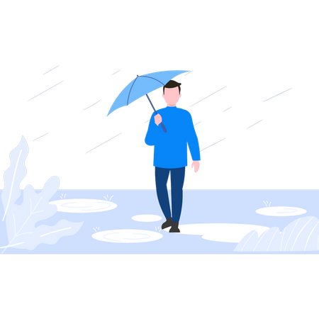 Boy walking in rain with umbrella  Illustration