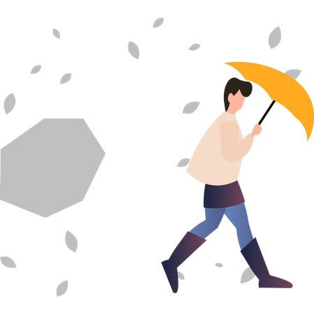 Boy walking in rain with umbrella  Illustration