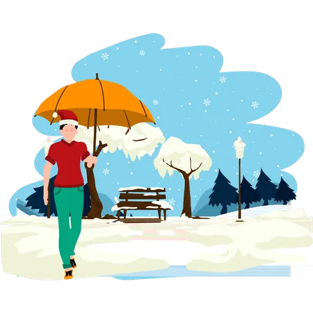 Boy walking in snow with umbrella  Illustration