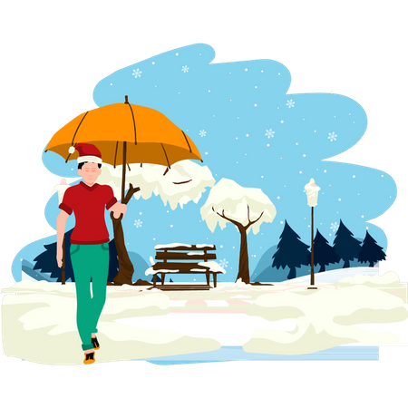 Boy walking in snow with umbrella  Illustration