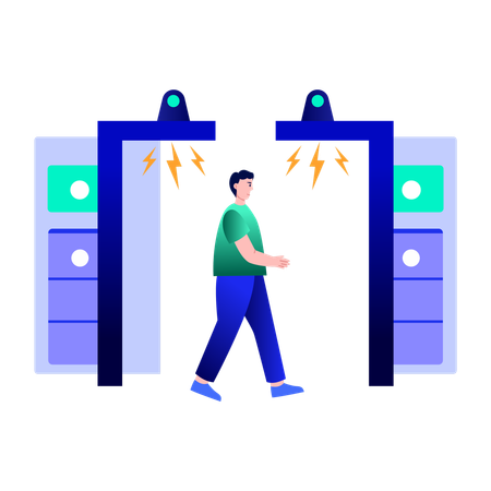 Boy walking into security scanner  Illustration