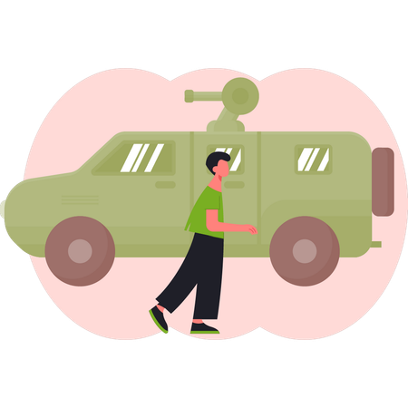 Boy  walking near army jeep  Illustration