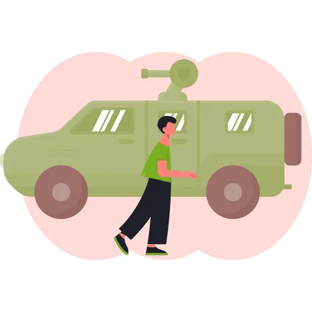 Boy  walking near army jeep  Illustration