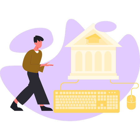 Boy walking near bank building  Illustration