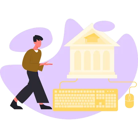 Boy walking near bank building  Illustration