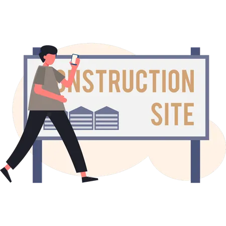 Boy  walking near construction site  Illustration