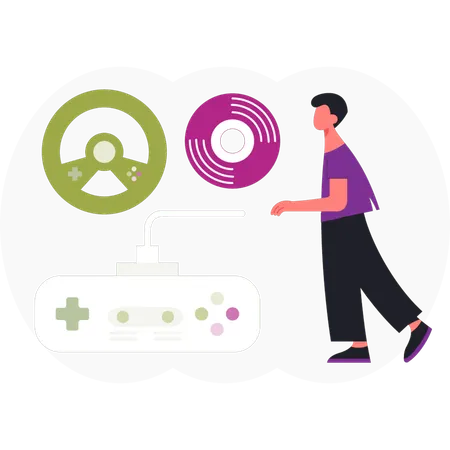 Boy  walking near game steering  Illustration