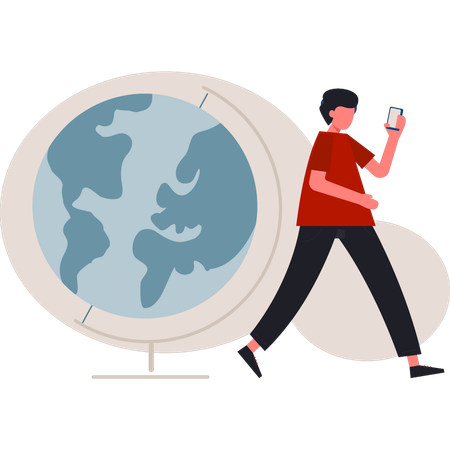 Boy walking near globe  Illustration