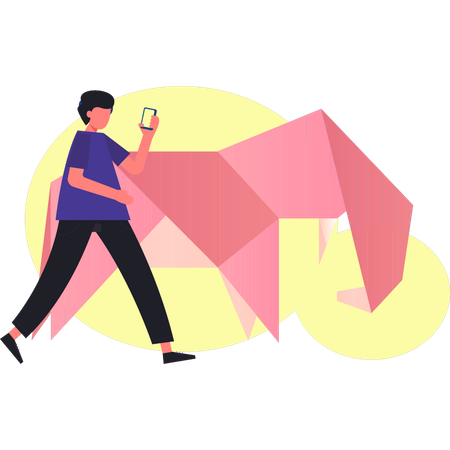 Boy walking near origami elephant  Illustration