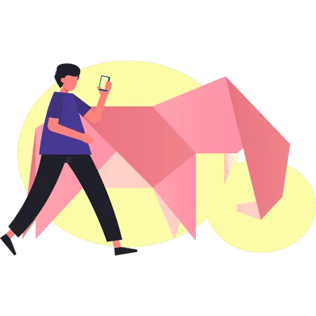 Boy walking near origami elephant  Illustration