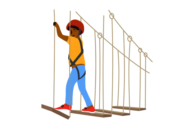 Boy walking on rope ladder  Illustration