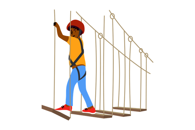 Boy walking on rope ladder  Illustration