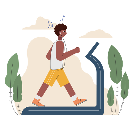 Boy walking on treadmill while listening songs  Illustration