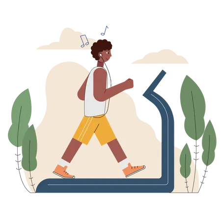 Boy walking on treadmill while listening songs  Illustration