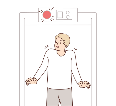 Boy walking through airport security crossing from security checking door  Illustration