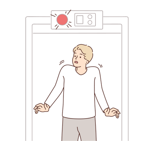 Boy walking through airport security crossing from security checking door  Illustration