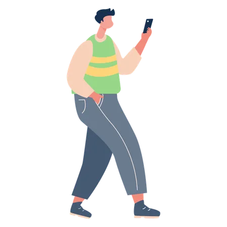 Boy walking while using phone  Illustration