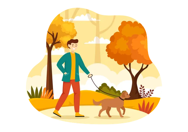 Boy walking with dog in Autumn Park  Illustration
