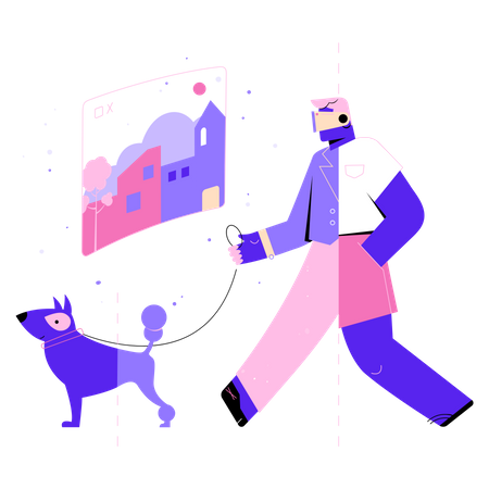 Boy walking with dog in meta world Illustration